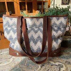 Myra Bag California Vibe Blue White Woven Tote Leather Trim Shoulder Bag